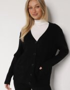 j&x Kardigan Negru cu Bumbac Decorat cu Model Împletit și Buzunare Mevesava