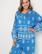 j&x Komplet Albastru în Stil Rustic Bluză Lejeră și Pantaloni din Viscoză Emilaris
