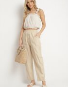 j&x Pantaloni Bej de Bumbac cu Talie Înaltă Vivivara