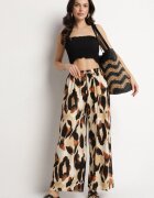 j&x Pantaloni Bej din Viscoză cu Croi Larg cu Talie Înaltă Leopard Zelmara