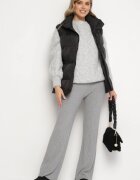 j&x Pantaloni Gri din Tricot Rebriați cu Croi Larg cu Elastic în Talie Emalindrae
