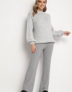 j&x Pantaloni Gri din Tricot Rebriați cu Croi Larg cu Elastic în Talie Emalindrae