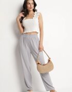j&x Pantaloni Gri Largi cu Bumbac și Talie Înaltă Neorenna