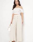 j&x Pantaloni Largi Bej Deschis cu Bumbac cu Talie Înaltă și nasturi Avelritia