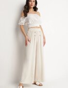j&x Pantaloni Largi Bej Deschis cu Bumbac cu Talie Înaltă și nasturi Avelritia