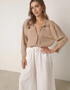j&x Pantaloni palazzo largi din vâscoză cu talie înaltă și șnur Calamia Albi