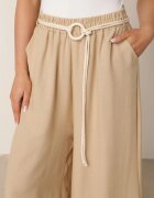 j&x Pantaloni palazzo largi din vâscoză cu talie înaltă și șnur Calamia Bej