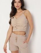 j&x Pantaloni scurți Bej din bumbac cu talie înaltă decorate cu volan și șnur Acreria