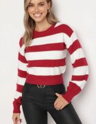 j&x Pulover Alb-Bordo în Dungi Decorat cu Fir Metalic Zinellea