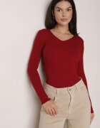 j&x Pulover Bordo Mulat din Tricot Reiat cu Bumbac cu Decolteu în V Tesma