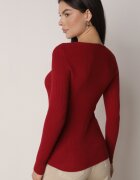 j&x Pulover Bordo Mulat din Tricot Reiat cu Bumbac cu Decolteu în V Tesma