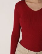 j&x Pulover Bordo Mulat din Tricot Reiat cu Bumbac cu Decolteu în V Tesma