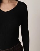 j&x Pulover Cambrat Negru din Tricot Reiat din Bumbac cu Decolteu în V Tesma