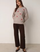 j&x Pulover Clasic cu Lână și Bumbac Decorat cu Broderie în Formă de Inimioare Agastina Bej