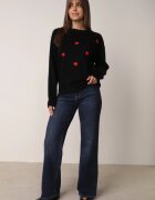 j&x Pulover Clasic cu Lână și Bumbac Decorat cu Broderie în Formă de Inimioare Agastina Negru