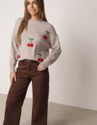j&x Pulover clasic cu lână și vișine în relief Ellatera Bej