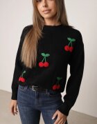 j&x Pulover clasic cu lână și vișine în relief Ellatera Negru