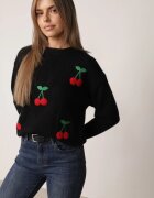 j&x Pulover clasic cu lână și vișine în relief Ellatera Negru