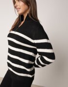 j&x Pulover cu bumbac și lână în dungi orizontale cu guler tip tunică și fermoar Tefrota Negru