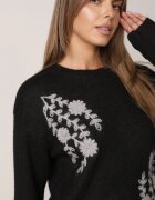 j&x Pulover cu lână de iarnă cu broderii cu model floral Kismetti Negru