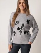 j&x Pulover din bumbac lână și broderie cu flori Zalto Gri