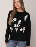 j&x Pulover din bumbac lână și broderie cu flori Zalto Negru