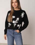 j&x Pulover din bumbac lână și broderie cu flori Zalto Negru