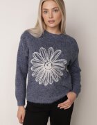 j&x Pulover din bumbac și lână decorat cu broderie florală în față Deta Bleumarin