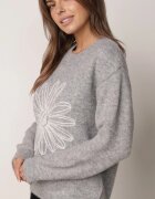 j&x Pulover din bumbac și lână decorat cu broderie florală în față Deta Gri