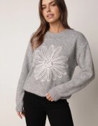 j&x Pulover din bumbac și lână decorat cu broderie florală în față Deta Gri