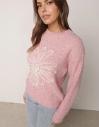 j&x Pulover din bumbac și lână decorat cu broderie florală în față Deta Roz