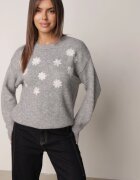 j&x Pulover din bumbac și lână decorat cu flori brodate Seirania Gri deschis