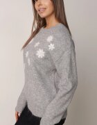 j&x Pulover din bumbac și lână decorat cu flori brodate Seirania Gri deschis