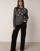 j&x Pulover din bumbac și lână decorat cu flori brodate Seirania Gri închis