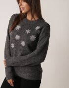 j&x Pulover din bumbac și lână decorat cu flori brodate Seirania Gri închis