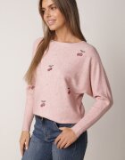 j&x Pulover din viscoză cu cireașe și zirconii Patin Bej Roz