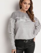 j&x Pulover Gri cu Bumbac în Dungi cu Inscripție Brodată Zeanista