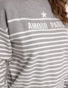 j&x Pulover Gri cu Bumbac în Dungi cu Inscripție Brodată Zeanista