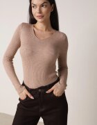 j&x Pulover Mulat Bej închis din tricot reiat cu bumbac cu decolteu în V Tesma