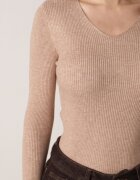 j&x Pulover Mulat Bej închis din tricot reiat cu bumbac cu decolteu în V Tesma
