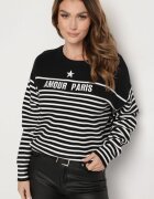 j&x Pulover Negru cu Bumbac în Dungi cu Scris Brodat Zeanista