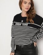 j&x Pulover Negru cu Bumbac în Dungi cu Scris Brodat Zeanista
