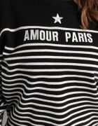 j&x Pulover Negru cu Bumbac în Dungi cu Scris Brodat Zeanista
