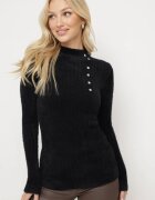 j&x Pulover Negru de Lână cu Puf Mai Lung și Nasturi Decorativi Avelio