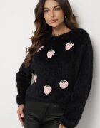 j&x Pulover negru pufoș cu lână și aplicații căpșuni 3D Leraisa