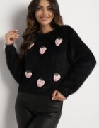 j&x Pulover negru pufoș cu lână și aplicații căpșuni 3D Leraisa