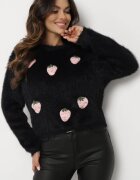 j&x Pulover negru pufoș cu lână și aplicații căpșuni 3D Leraisa