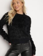 j&x Pulover negru pufos cu lână și manșete Exenevia