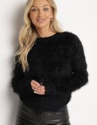 j&x Pulover negru pufos cu lână și manșete Exenevia