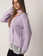 j&x Pulover romantic din lână cu inserție din dantelă și fular îngust Averita Mov